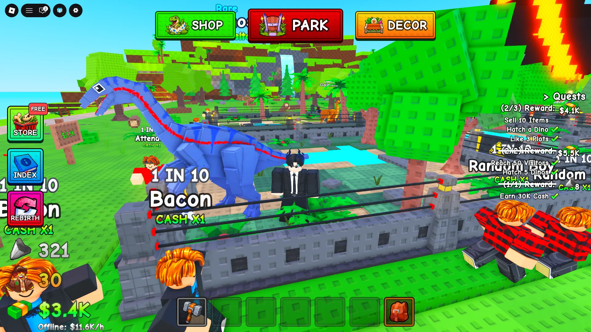 My Dino Park in-game screenshot showing the park shop and a blue dinosaur