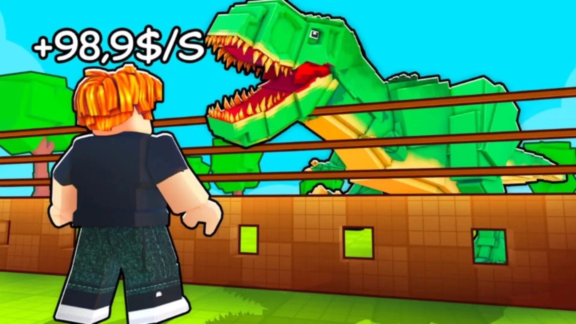 My Dino Park gameplay showing a giant green T-Rex in a fenced enclosure